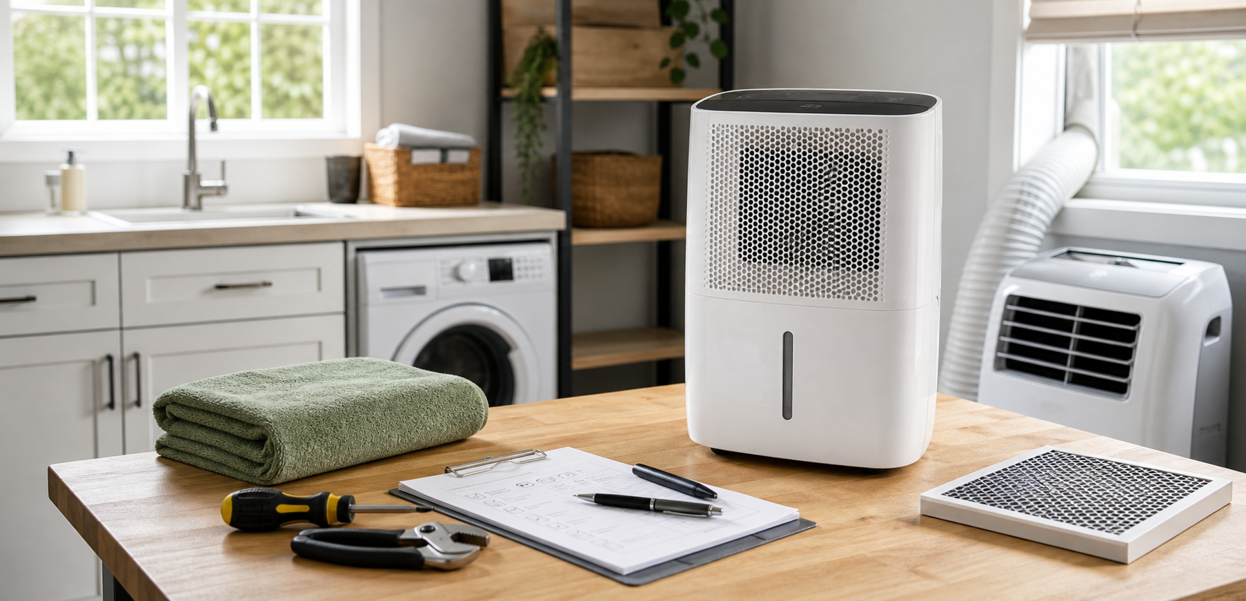 A clean utility room with a dehumidifier, portable air conditioner, hand tools, and a maintenance checklist.